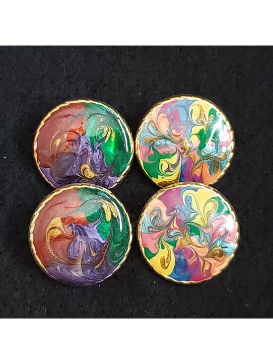 Estate Jewelry - Vintage Enamel Earrings Colorful Swirl Round Pierced 2pr Retro 80s 1 1/8"